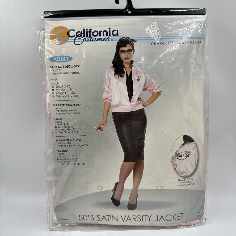 California Costumes Dress Up 50’s Satin Varsity Jacket Adult Size M 8-10 New
